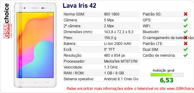 Lava Iris 42 Especificações técnicas do telemóvel 