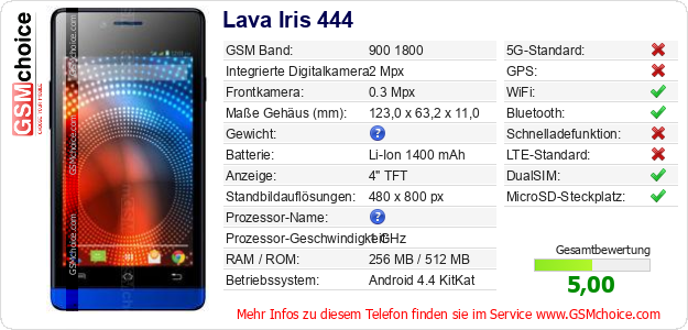 Lava Iris 444 technische Daten Lava Iris 444 technische Daten