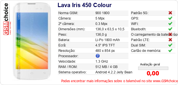 Lava Iris 450 Colour Especificações técnicas do telemóvel 
