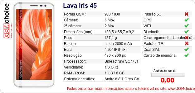 Lava Iris 45 Especificações técnicas do telemóvel Lava Iris 45 Especificações técnicas do telemóvel