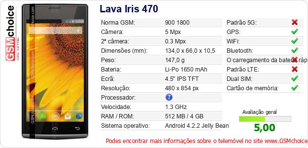 Lava Iris 470 Especificações técnicas do telemóvel Lava Iris 470 Especificações técnicas do telemóvel