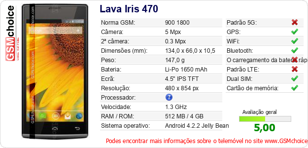 Lava Iris 470 Especificações técnicas do telemóvel 