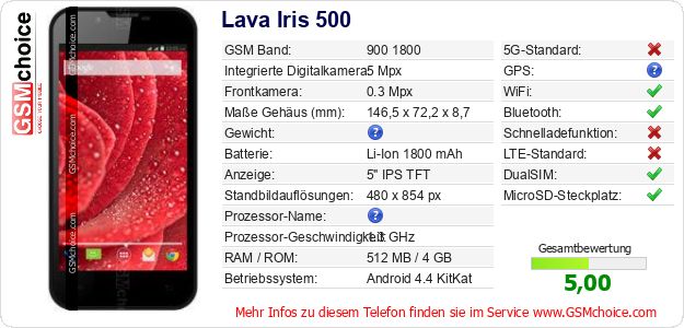 Lava Iris 500 technische Daten Lava Iris 500 technische Daten
