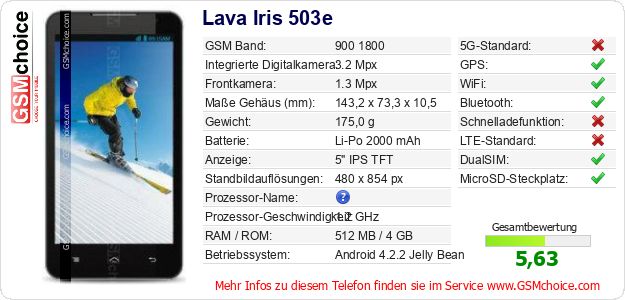 Lava Iris 503e technische Daten Lava Iris 503e technische Daten