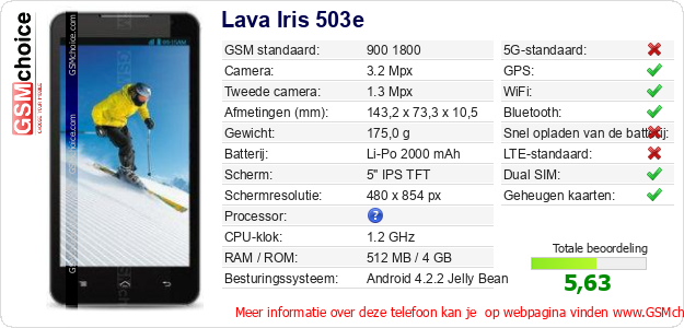 Lava Iris 503e Technische gegevens Lava Iris 503e Technische gegevens