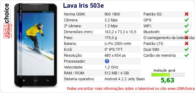Lava Iris 503e Especificações técnicas do telemóvel Lava Iris 503e Especificações técnicas do telemóvel
