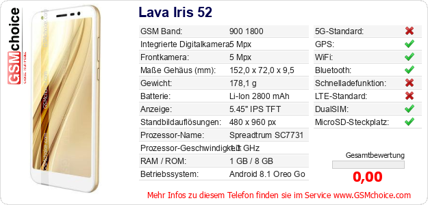 Lava Iris 52 technische Daten Lava Iris 52 technische Daten