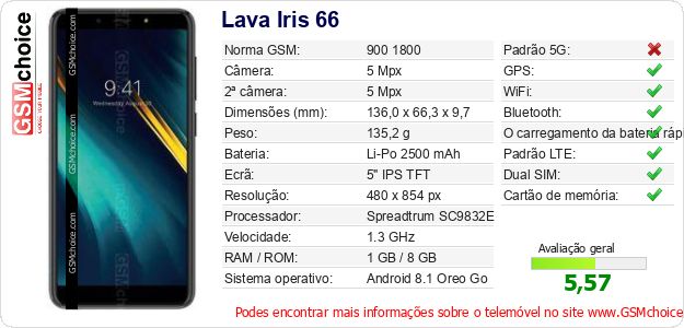Lava Iris 66 Especificações técnicas do telemóvel 