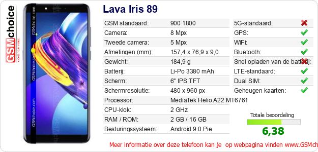 Lava Iris 89 Technische gegevens Lava Iris 89 Technische gegevens