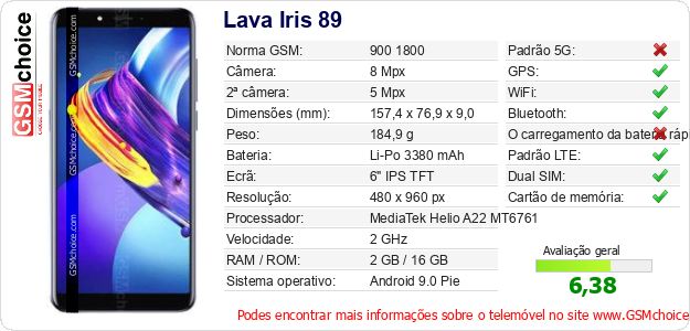 Lava Iris 89 Especificações técnicas do telemóvel 