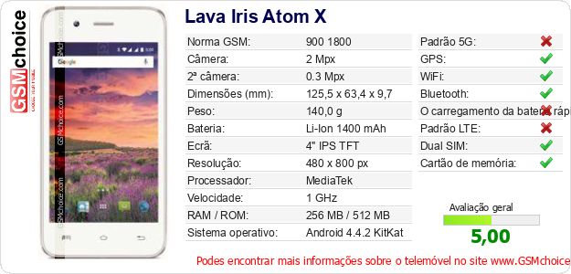 Lava Iris Atom X Especificações técnicas do telemóvel Lava Iris Atom X Especificações técnicas do telemóvel