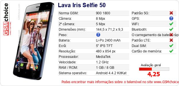 Lava Iris Selfie 50 Especificações técnicas do telemóvel Lava Iris Selfie 50 Especificações técnicas do telemóvel