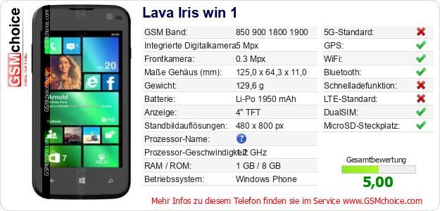 Lava Iris win 1 technische Daten Lava Iris win 1 technische Daten