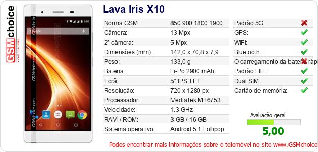 Lava Iris X10 Especificações técnicas do telemóvel Lava Iris X10 Especificações técnicas do telemóvel