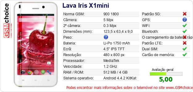 Lava Iris X1mini Especificações técnicas do telemóvel 