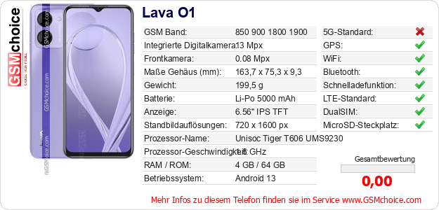 Lava O1 technische Daten Lava O1 technische Daten