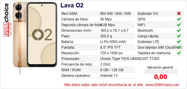 Lava O2 Datos técnicos del móvil Lava O2 Datos técnicos del móvil
