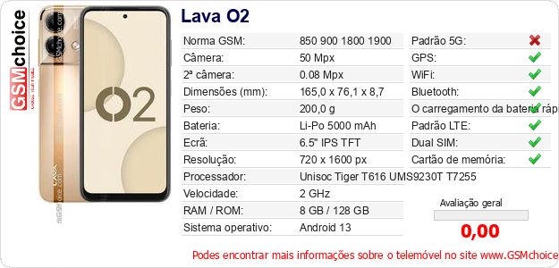 Lava O2 Especificações técnicas do telemóvel Lava O2 Especificações técnicas do telemóvel