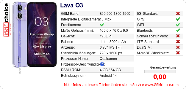 Lava O3 technische Daten Lava O3 technische Daten