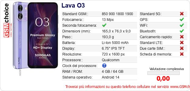 Lava O3 Dati tecnici di telefono cellulare Lava O3 Dati tecnici di telefono cellulare
