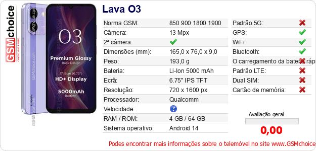 Lava O3 Especificações técnicas do telemóvel Lava O3 Especificações técnicas do telemóvel