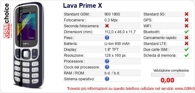 Lava Prime X Dati tecnici di telefono cellulare Lava Prime X Dati tecnici di telefono cellulare