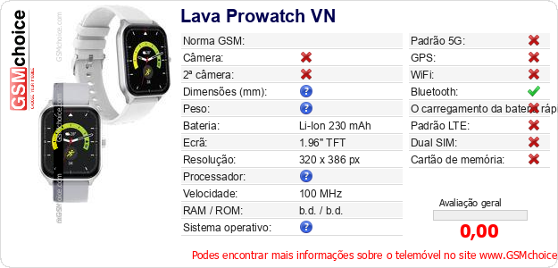 Lava Prowatch VN Especificações técnicas do telemóvel  Lava Prowatch VN Especificações técnicas do telemóvel
