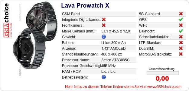Lava Prowatch X technische Daten Lava Prowatch X technische Daten