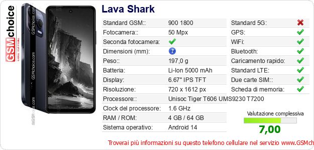 Lava Shark Dati tecnici di telefono cellulare Lava Shark Dati tecnici di telefono cellulare