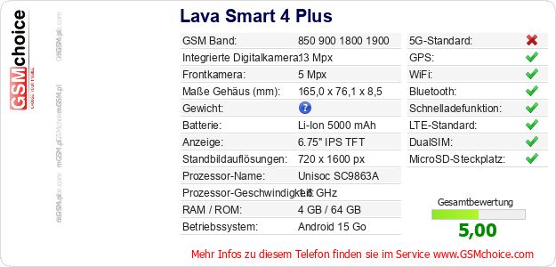 Lava Smart 4 Plus technische Daten Lava Smart 4 Plus technische Daten