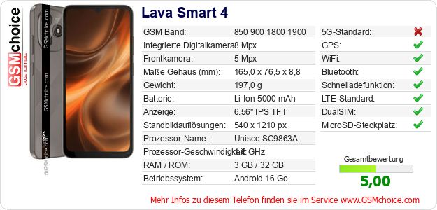 Lava Smart 4 technische Daten Lava Smart 4 technische Daten
