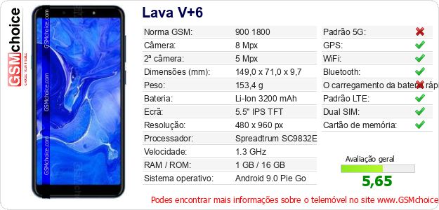 Lava V+6 Especificações técnicas do telemóvel 