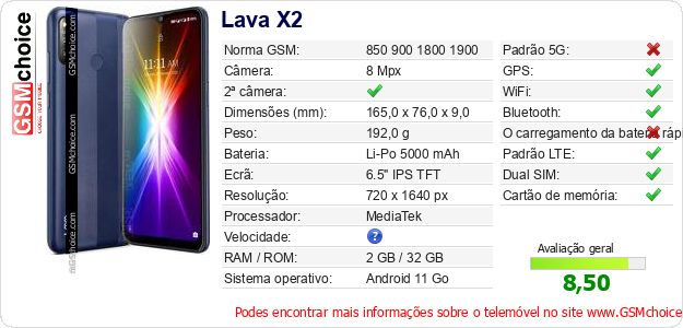 Lava X2 Especificações técnicas do telemóvel 