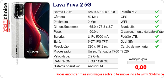 Lava Yuva 2 5G Especificações técnicas do telemóvel Lava Yuva 2 5G Especificações técnicas do telemóvel