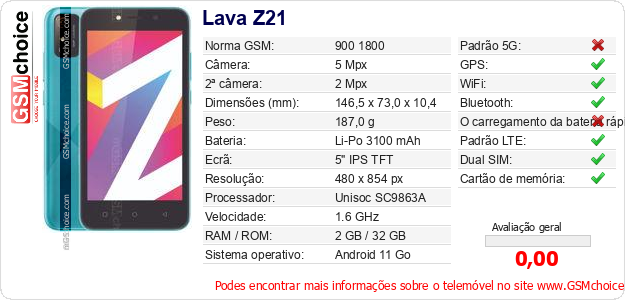 Lava Z21 Especificações técnicas do telemóvel Lava Z21 Especificações técnicas do telemóvel