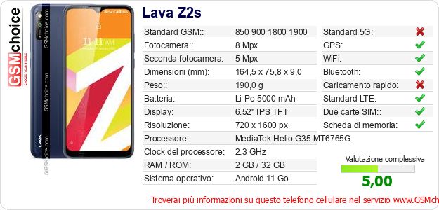 Lava Z2s Dati tecnici di telefono cellulare Lava Z2s Dati tecnici di telefono cellulare