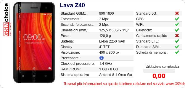 Lava Z40 Dati tecnici di telefono cellulare Lava Z40 Dati tecnici di telefono cellulare