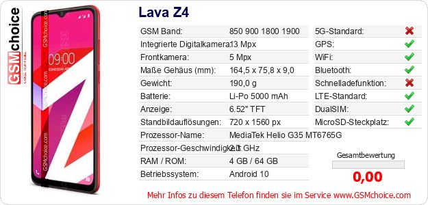 Lava Z4 technische Daten Lava Z4 technische Daten