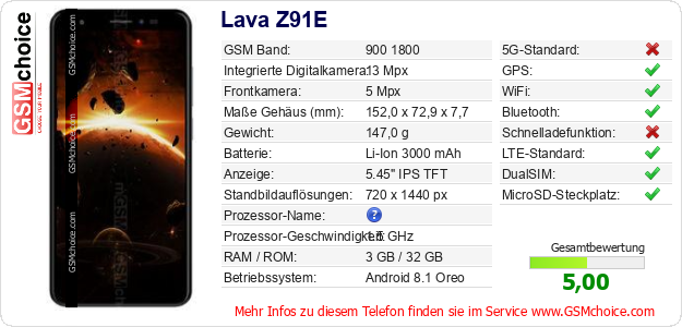 Lava Z91E technische Daten Lava Z91E technische Daten