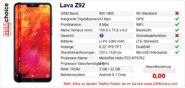 Lava Z92 technische Daten Lava Z92 technische Daten