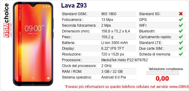 Lava Z93 Dati tecnici di telefono cellulare 