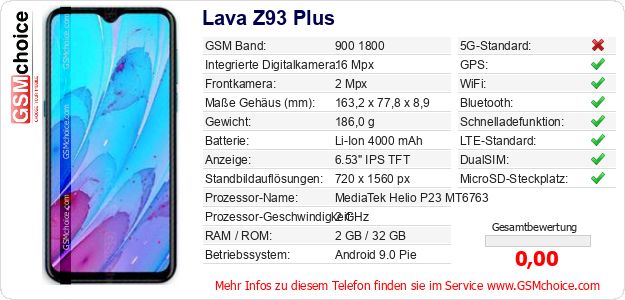 Lava Z93 Plus technische Daten Lava Z93 Plus technische Daten