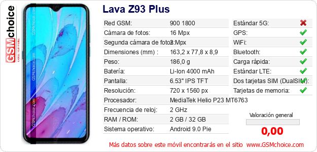 Lava Z93 Plus Datos técnicos del móvil Lava Z93 Plus Datos técnicos del móvil