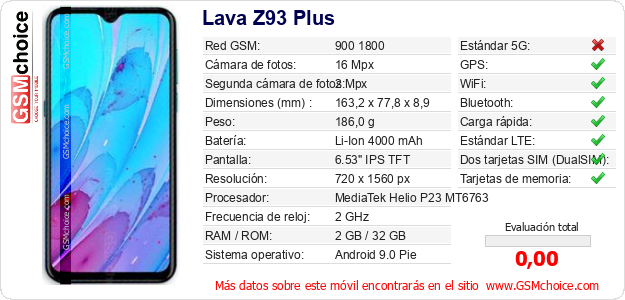 Lava Z93 Plus Datos técnicos del móvil Lava Z93 Plus Datos técnicos del móvil