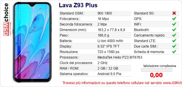 Lava Z93 Plus Dati tecnici di telefono cellulare 
