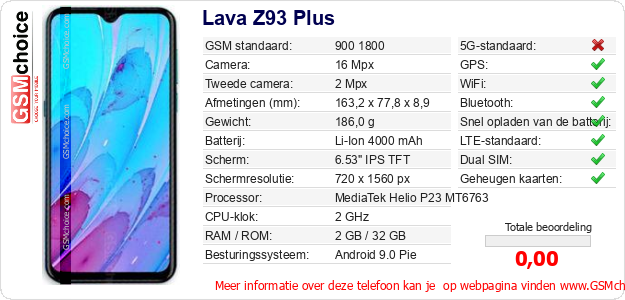Lava Z93 Plus Technische gegevens Lava Z93 Plus Technische gegevens