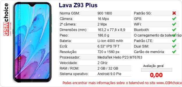 Lava Z93 Plus Especificações técnicas do telemóvel 