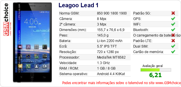 Leagoo Lead 1 Especificações técnicas do telemóvel Leagoo Lead 1 Especificações técnicas do telemóvel