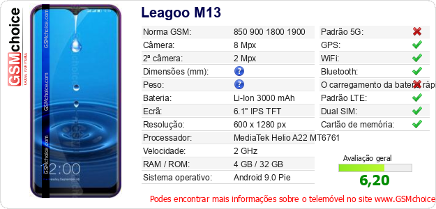 Leagoo M13 Especificações técnicas do telemóvel 