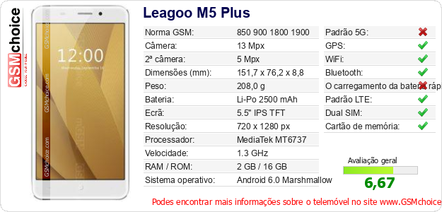 Leagoo M5 Plus Especificações técnicas do telemóvel Leagoo M5 Plus Especificações técnicas do telemóvel